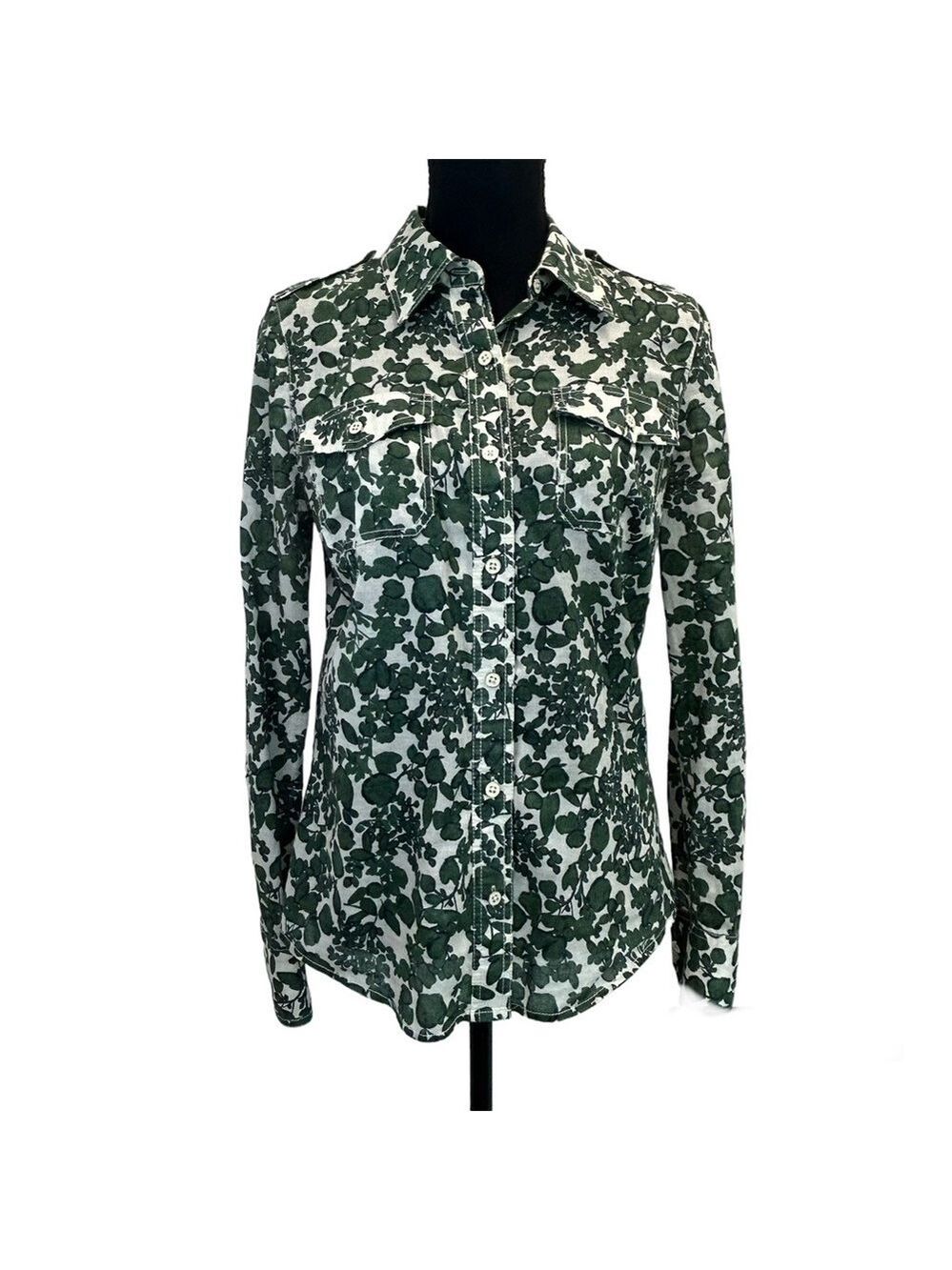 Tory Burch green white Vine Pattern Brigitte Blouse Top Sz 6